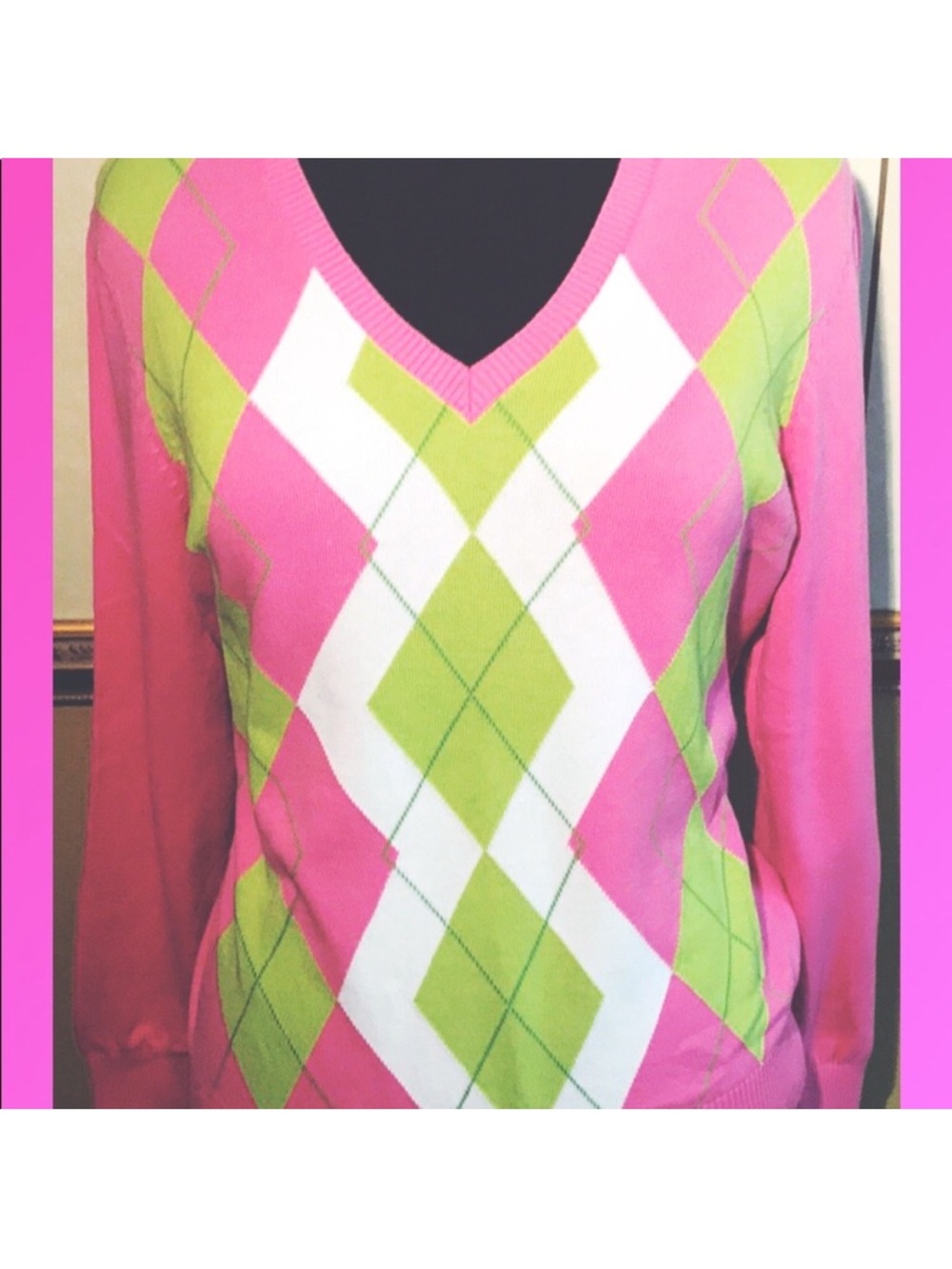 Izod Pink and Lime Argyle V-Neck Sweater